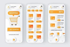 Online shopping concept neumorphic templates set. Shop web page, store assortment, purchase and order payment. UI, UX, GUI screens for responsive mobile app. Vector design kit in neumorphism style