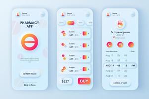 Conjunto de plantillas neumorficas de concepto de farmacia en línea. elegir y comprar tabletas y medicamentos, pago por pedido. pantallas ui, ux, gui para aplicaciones móviles receptivas. kit de diseño vectorial en estilo neumorfismo vector