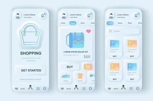 concepto de compras en línea conjunto de plantillas neumorficas. sitio web de comercio electrónico con productos en la plataforma móvil wireframe. pantallas ui, ux, gui para aplicaciones móviles receptivas. kit de diseño vectorial en estilo neumorfismo vector