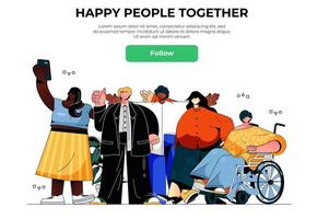 Happy people together web banner concept. Diverse men and women standing and hugging, multiethnic group with person landing page template. Vector illustration with people scene in flat design