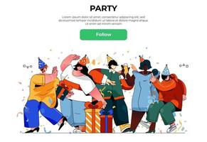 Party web banner concept. Happy men and women celebrate holiday at festive event, dancing and giving gifts, entertainment landing page template. Vector illustration with people scene in flat design
