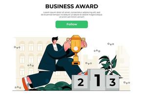 concepto de banner de web de premio empresarial. empresario de éxito sosteniendo un trofeo cerca del pedestal, ganando y logrando la plantilla de página de destino de objetivos profesionales. ilustración vectorial con escena de personas en diseño plano vector