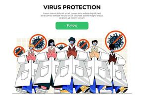 concepto de banner web de protección contra virus. médicos con batas blancas y máscaras médicas protegen contra enfermedades, detienen la propagación de la pandemia, plantilla de página de destino. ilustración vectorial con escena de personas en diseño plano vector