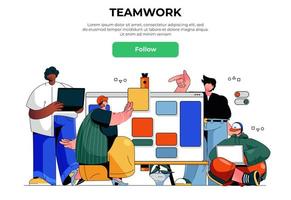 Teamwork web banner concept. Men and women colleagues collaborate on project, create website template, success brainstorm, landing page template. Vector illustration with people scene in flat design