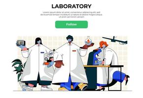 concepto de banner web de laboratorio. científicos con batas blancas que realizan investigaciones científicas en el laboratorio, médicos que realizan pruebas médicas, plantilla de página de destino. ilustración vectorial con escena de personas en diseño plano vector