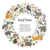 Vector round frame with animals and forest elements on black background. Natural themed banner. Cute funny woodland card template.