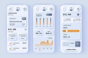 Finance services concept neumorphic templates set. Financial account in online banking, transaction monitoring. UI, UX, GUI screens for responsive mobile app. Vector design kit in neumorphism style