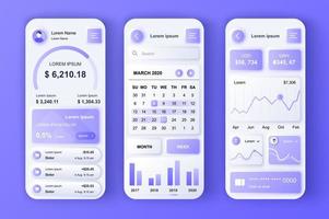 Finance services concept neumorphic templates set. Online banking, income statistics, planning and investments. UI, UX, GUI screens for responsive mobile app. Vector design kit in neumorphism style