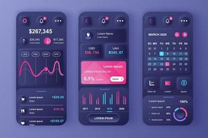 Finance services concept neumorphic templates set. Financial analytics, payments, management and monitoring. UI, UX, GUI screens for responsive mobile app. Vector design kit in neumorphism style