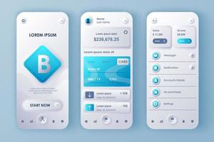 Online banking concept neumorphic templates set. Personal account, credit card service, financial transactions. UI, UX, GUI screens for responsive mobile app. Vector design kit in neumorphism style