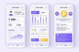Fitness workout concept neumorphic templates set. Sports activity tracker, calorie tracking, training statistics. UI, UX, GUI screens for responsive mobile app. Vector design kit in neumorphism style