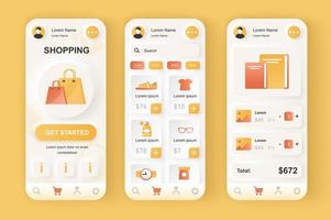 Online shopping concept neumorphic templates set. Purchase of clothes, shoes and books in smartphone application. UI, UX, GUI screens for responsive mobile app. Vector design kit in neumorphism style