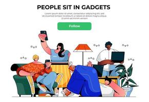 People sit in gadgets web banner concept. Men and women using smartphones or laptops, internet browsing online communication landing page template. Vector illustration with people scene in flat design