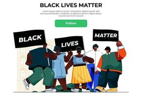 Black lives matter web banner concept. African men and women hold rally placards and protesting together, human rights fight landing page template. Vector illustration with people scene in flat design