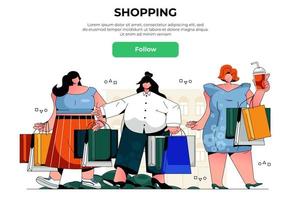 concepto de banner web comercial. mujeres felices sostienen bolsas de compras con compras, comprando en la tienda, tienda o centro comercial, plantilla de página de destino de venta de descuento. ilustración vectorial con escena de personas en diseño plano vector