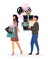 Ilustración de vector plano de compras de cumpleaños. dama elegante con globos. marido y mujer comprando regalos. asistente de ventas lleva cajas de regalo para el personaje de dibujos animados del comprador. fiesta sorpresa para novia