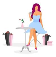 adicto a las compras en la ilustración de vector plano de café. dama elegante tomando café, feliz con nuevas compras. fashionista elegante de dibujos animados relajante después de visitar la boutique. Compradora femenina después de la prisa de compras.