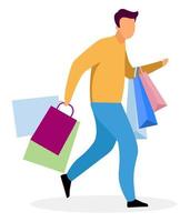 Shopping rush flat vector illustration. Shopper running in haste with bags cartoon character. Boyfriend buys presents for sweetheart. Husband looking for Christmas. Shopaholic doing purchases