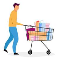 Man with shopping cart flat vector illustration. Cartoon boy buying gifts. Husband purchasing Christmas, New Year present isolated character. Sales, discounts in boutique. Male buyer doing purchases