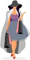 Elegant shopper flat vector illustration. Beautiful lady buying luxury clothes in fashion boutique. Stylish shopaholic purchasing exclusive outfit cartoon character. Woman with shopping bags, gifts