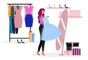 Choosing clothes in wardrobe flat illustration. Shopper buying new outfit in clothing store. Elegant lady purchasing evening gown for festive event. Fashionista, shopaholic in boutique fitting room vector