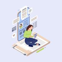 Content marketing isometric vector illustration. SMM manager, content writer, copywriter creating social media post. Copywriting, digital inbound marketing 3d concept. Blogger, freelancer character