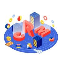 CRM server isometric vector illustration. Customer relation management software. Client database and business automation digital technology. Ecommerce, marketing data storage and analytics 3d concept