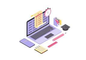 Online test isometric color vector illustration. Student examination, knowledge check infographic. Computer display with exam forms. Language proficiency test isolated 3d concept. Distance education