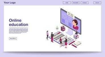 Online education webpage vector template with isometric illustration. E learning. Online courses, classes. Remote studying. Math webinar. Website interface design. Webpage, mobile app 3d concept