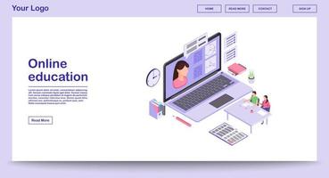 E learning webpage vector template with isometric illustration. Digital education. Online school, classes, lesson. Remote studying. Math webinar. Website interface layout. Webpage design 3d concept