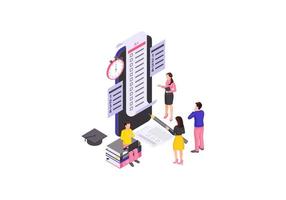 Online examination isometric color vector illustration. Student thinking, solving tasks infographic. Online test, exam completing. E learning smartphone app isolated 3d concept. Distance education