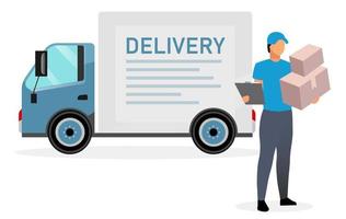 Deliveryman with parcels flat illustration. Courier, postman holding cardboard boxes and clipboard isolated cartoon character on white background. Delivery van, cargo truck. Shipping service concept vector