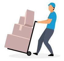 Loader man moving dolly cart flat vector illustration. Warehouse worker with packages on hand truck isolated cartoon character on white background. Deliveryman, courier delivering parcels concept
