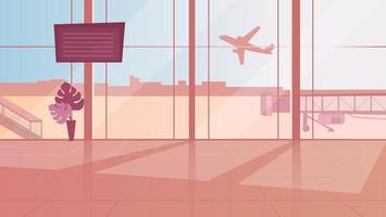 Empty airport waiting room flat vector illustration. Terminal sunlit hall with panoramic windows. Monitor with arrival schedule. Plane taking off. International travel, tourism, airline industry