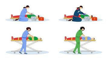 First aid flat vector illustrations set. Emergency doctors and injured patients. Urgency care, resuscitation. Paramedics, emt with defibrillator cartoon characters isolated on white background