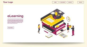 E learning webpage vector template with isometric illustration. Digital library. Online school, classes, lesson. Remote studying, distance education. Website interface layout. Webpage 3d concept