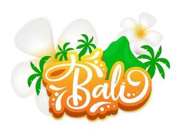 Bali flat poster vector template. Indonesian exotic island. Flowers and mountain. Asian culture. Banner, brochure page, leaflet design layout. Sticker with calligraphic lettering and plumeria