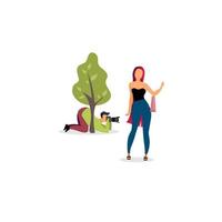 Paparazzi photographer behind tree flat vector illustration. Journalist with camera hiding and spy cartoon character. Reporter, cameraman taking photos of celebrity, movie star, famous person
