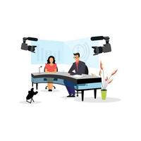 Television presenter, journalists at news studio flat vector illustration. Newscasters broadcasting, recording report. Breaking news, press, TV industry. Journalists, reporters, anchors characters