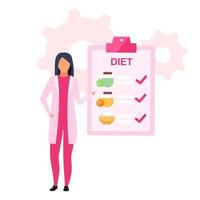 Ilustración de vector plano de plan de nutrición dietética. nutricionista femenina que prescribe alimentos saludables para perder peso personaje de dibujos animados aislado sobre fondo blanco. dietista recomendando horario de comidas