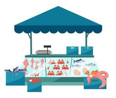 Seafood market stall flat illustration. Fresh sea food in ice trade tent, fish counter. Fair, summer market stand. Local fishmarket outdoor street shop, cartoon kiosk isolated on white background vector