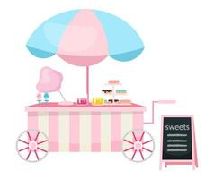 Street food cart flat vector illustration. Sweets and candies trolley. Outdoor confectionery cartoon concept isolated on white. Summer festival, carnival pink market stall with confections and pastry