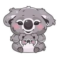 Lindo personaje de vector de dibujos animados koala kawaii. animales adorables y divertidos mamá y niño sentado y sonriente pegatina aislada, parche, ilustración de libros para niños. anime bebé koala emoji sobre fondo blanco