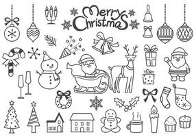 Christmas Elements Vector Line Drawing Set Isolated On A White Background.