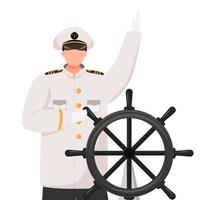 Capitán ilustración vectorial plana. crucero. navegador con timón. marinero. Capitán en uniforme de trabajo personaje de dibujos animados aislado sobre fondo blanco. vector