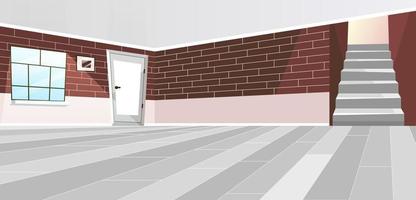 Empty room interior flat vector illustration. Cartoon door and staircase. Vintage style brown brick wall. Luxury cottage hall with big window and painting decor on wall. Minimalist floor and ceiling