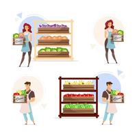 Organic fruit and vegetables flat vector illustrations set. Man and woman holding boxes. Male and female farmers in storage room with shelves. Farming. Isolated cartoon characters