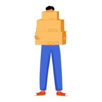 Man receives three parcels flat color vector illustration. Getting boxes at post office. Picking up order. Delivery services. Boy standing with packages isolated cartoon character on white background