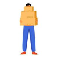 Man receives three parcels flat color vector illustration. Getting boxes at post office. Picking up order. Delivery services. Boy standing with packages isolated cartoon character on white background