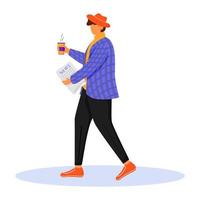 Man with morning newspaper flat color vector illustration. Person reads and drinks coffee. Getting new press. Fashionable young man in jacket isolated cartoon character on white background